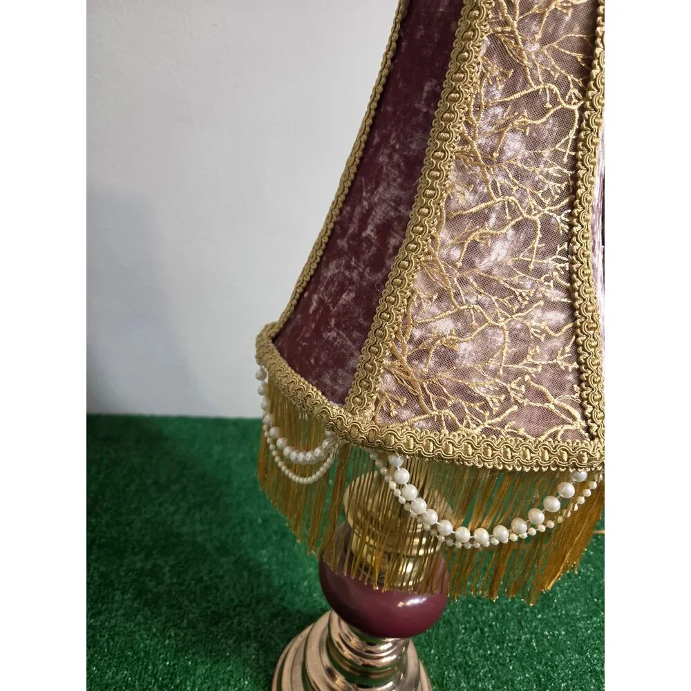 Vintage Hand-Restored Boudoir Table Lamp – Ornate Pink Velvet & Beaded Fringe B